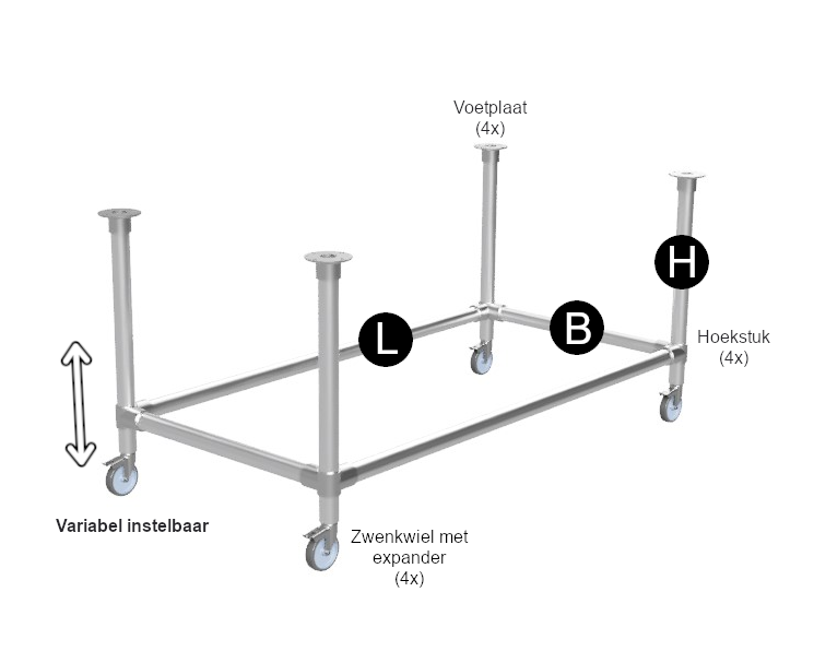Steigerbuis onderstel tafel met onder-etage uit buis Ø 33,7 mm zwenkwielen